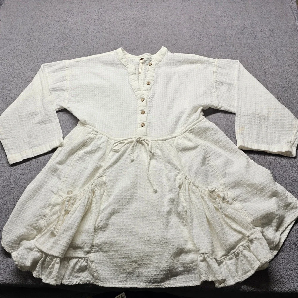 Free People Gauze Tunic Top Womens Size S Ivory Boho Ruffle Pocket Henley Mini